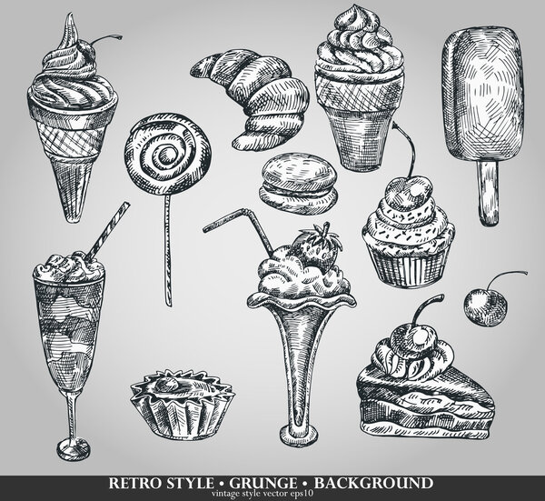 Ice cream and cake set. Hand drawing sketch vector illustration. Retro style