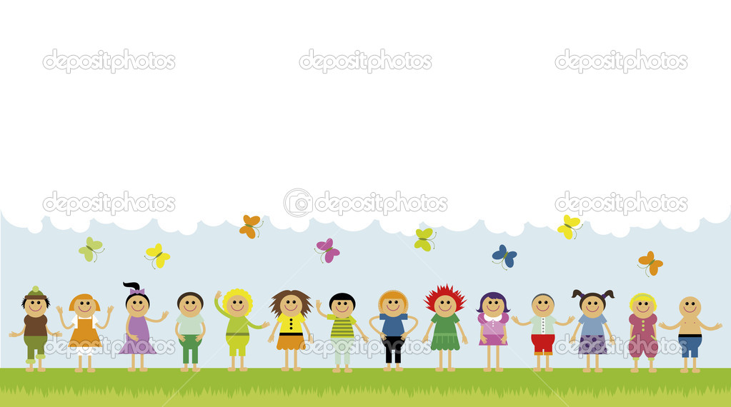 Vector illustration of children standing in a row on the green field. Copyspace with clouds and butterflies