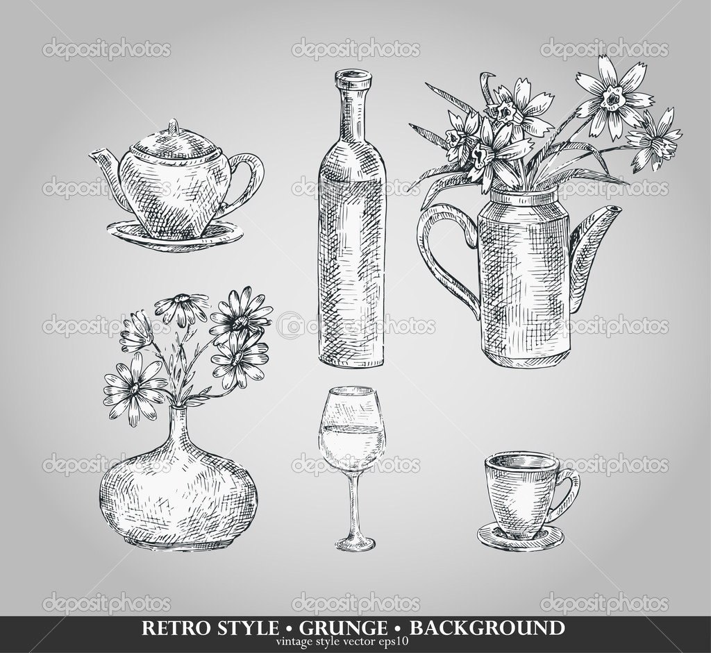 Vector set of kitchen ware. Teapot, bottle, vase, glass,cup. Retro style