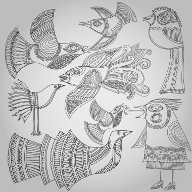 Set of fantastic birds in folk style. Vector illustration clipart
