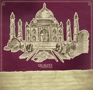 Vintage qualuty etiketi ile Hindistan taj mahal.