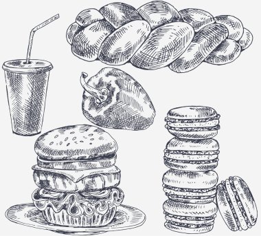 Hamburgers. Vintage style sketch clipart