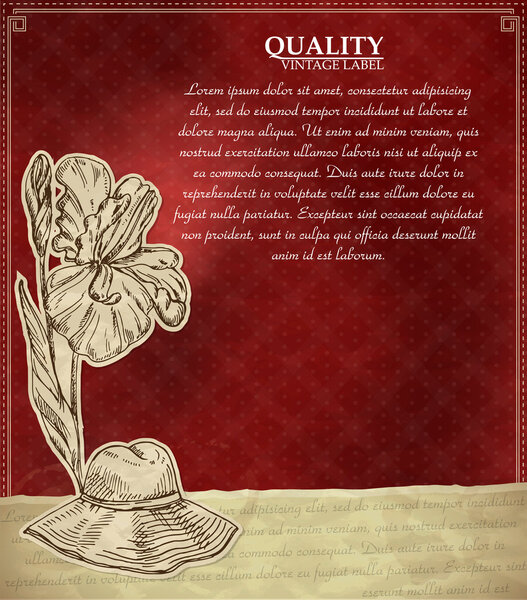 Vintage quality label with flower and hat. Vector illustration