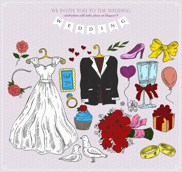 Set Wedding Attributes Vector Illustration — Stock Vector