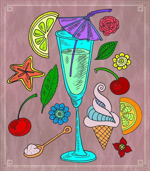 Cocktail Und Verschiedene Früchte Vektorillustration — Stockvektor