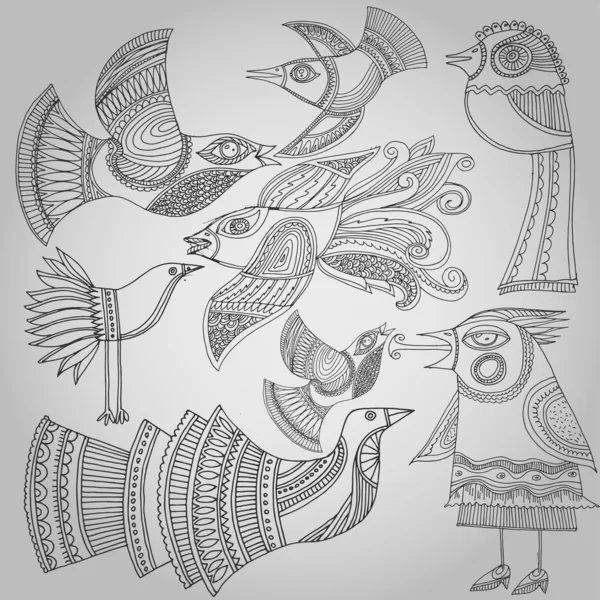 Ensemble Oiseaux Fantastiques Style Folklorique Illustration Vectorielle Graphismes Vectoriels