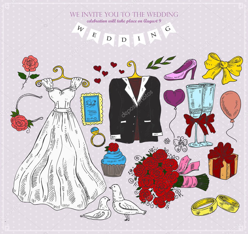 Set of wedding attributes. Vector illustration