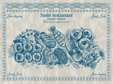 Vintage sushi restaurant banner. Vector illustration. clipart