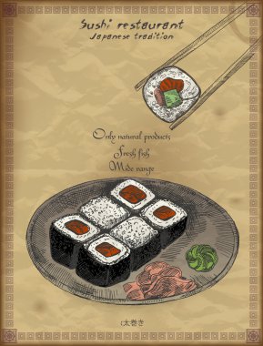 Vintage poster for Japanese restaurant. Retro vector background with sushi rolls. clipart