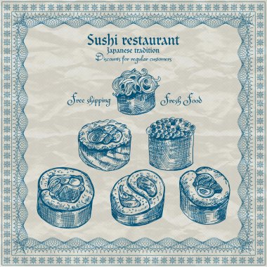 Vintage sushi restaurant afiş. vektör çizim