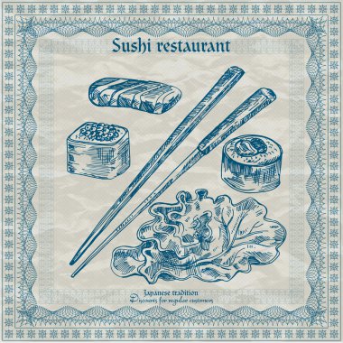 Vintage sushi restaurant afiş. vektör çizim
