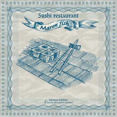 Vintage sushi restaurant afiş. vektör çizim.