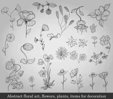 Abstract floral art, flowers, plants, items for decoration on gray background clipart