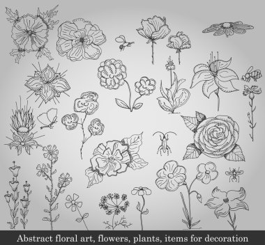 Abstract floral art, flowers, plants, items for decoration on gray background clipart