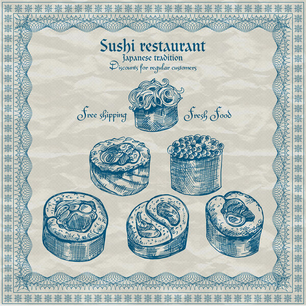 Vintage sushi restaurant banner. Vector illustration