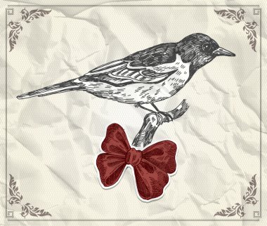 Vintage card with bird and red bow clipart