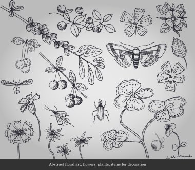 Abstract floral art, flowers, plants, insects items for decoration on gray background clipart