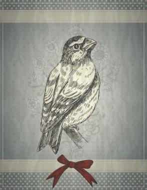 Greeting card retro style with bird and red bow
