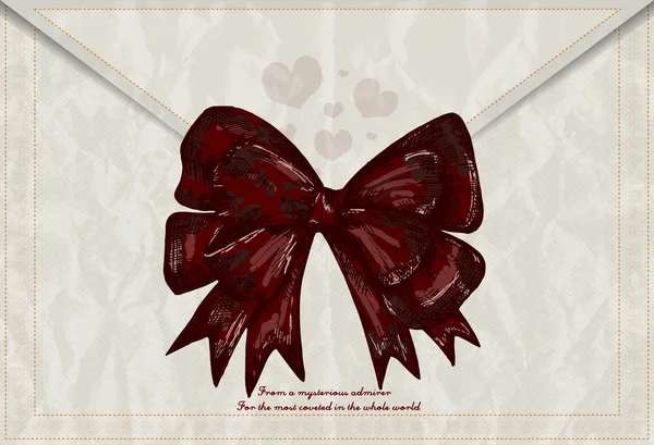 Arc Rétro Rouge Sur Enveloppe Beige Carte Saint Valentin Vecteur — Image vectorielle