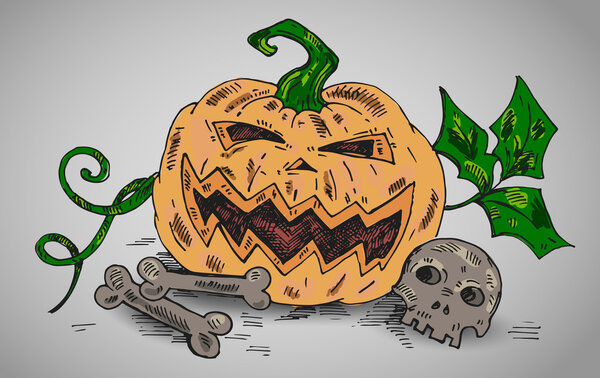 Halloween illustration with pumpkin and dead bones