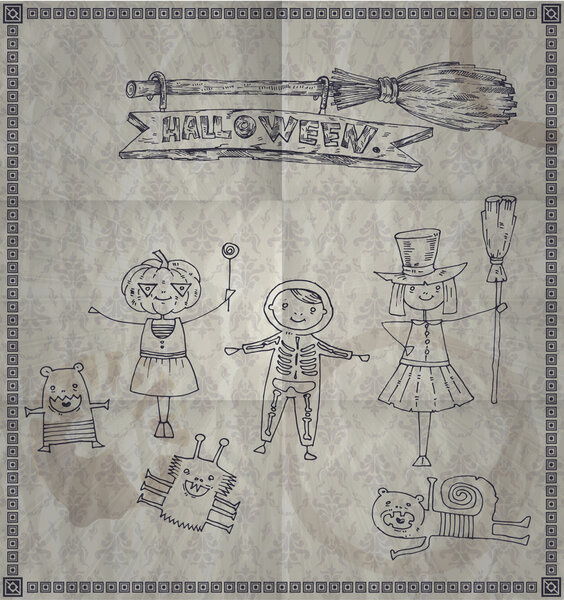 Иллюстрация смешных детей в костюмах на Хэллоуин. вектор
