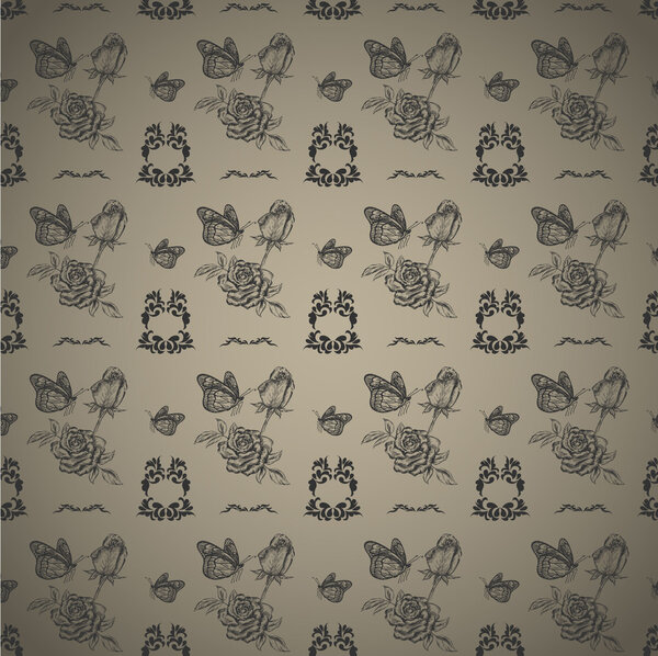 Бесшовные розы и бабочки. Векторная иллюстрация
