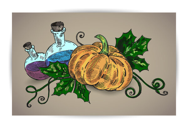 Halloween pumpkin and chemicals on brown background. Vector illustration