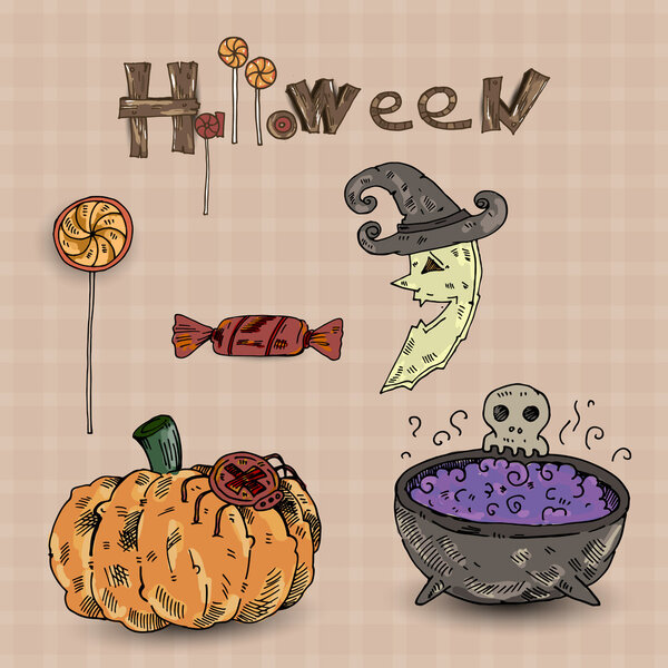 Colorful set of Halloween decorative elements. vector illustration