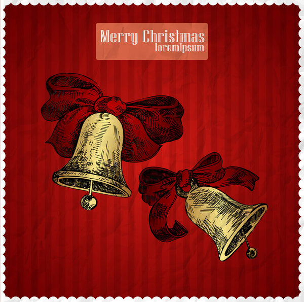 Yellow christmas bells on red background. vector illustration