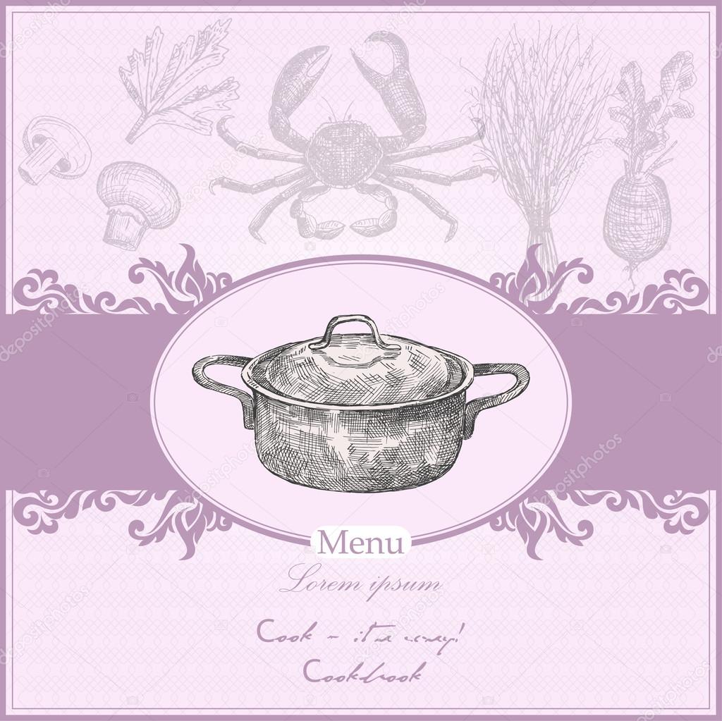 Vintage menu cover with cooking pot. vector illustration