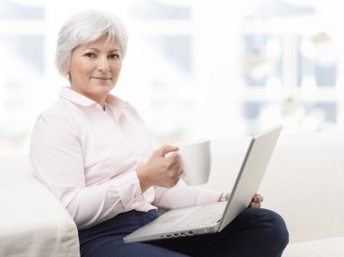 dizüstü bilgisayarda çalışan gülümseyen kadın kıdemli