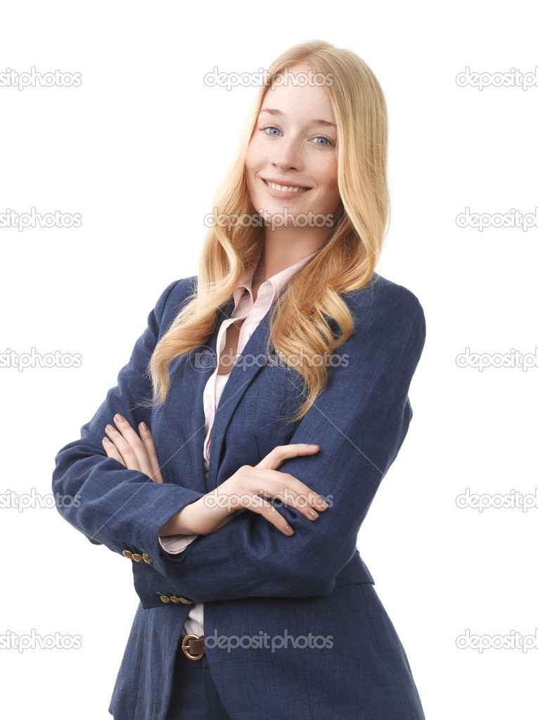 Smiling businesswoman standing against white background