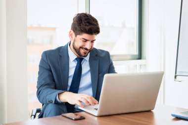 Happy businessman using his laptop and working while sitting at desk in a modern office. 