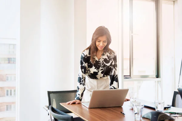 Attractive Businesswoman Having Video Call While Standing Office Working — Photo