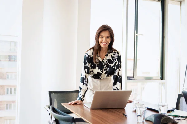 Attractive Businesswoman Having Video Call While Standing Office Working — Photo