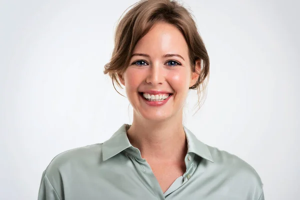 Studio Headshot Attractive Business Woman Standing Isolated White Background Copy — Φωτογραφία Αρχείου