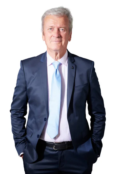 Studio Portrait Grey Haired Businessman Wearing Suit While Standing Isolated — Stockfoto