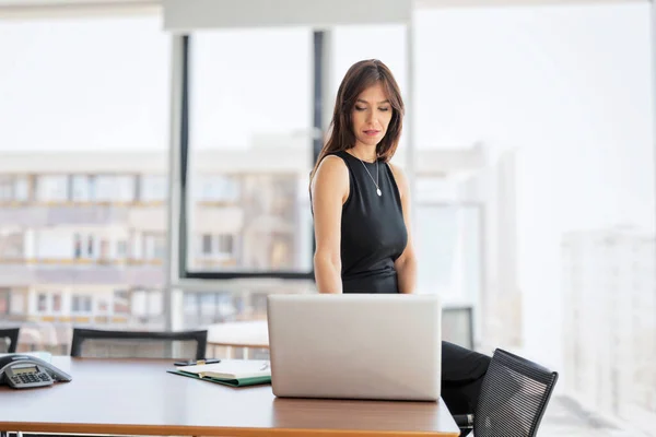 現代のオフィスの彼女の机でラップトップを使用して成熟した実業家のショット 黒のドレスを着たプロの女性 — ストック写真