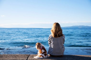 Arka planda, deniz kenarında şirin köpeğiyle oturan çizgili kazak giyen bir kadının resmi var..