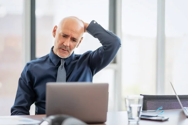 Shot Exhausted Businessman Hands His Head Sitting Office Professional Man — Stock Photo, Image