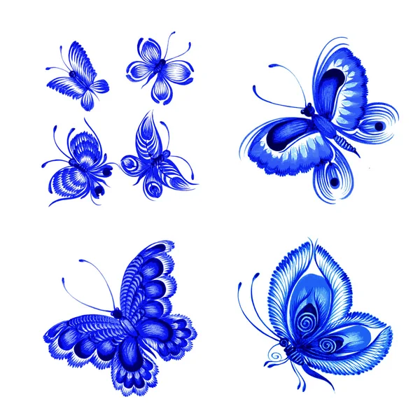 Zestaw dekoracyjny ornament niebieskie motyle — Wektor stockowy