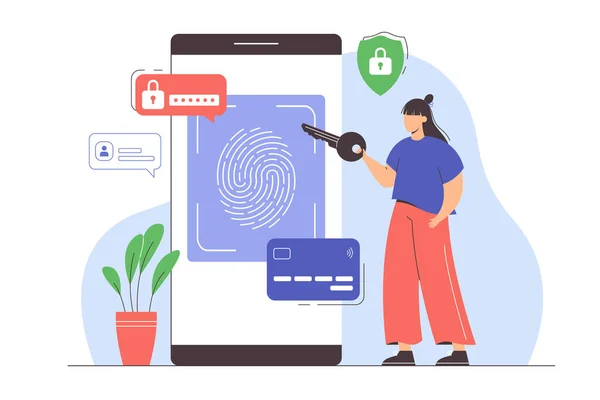 Platt kvinna ger nyckeln och skanna fingeravtryck för att komma åt data — Stock vektor