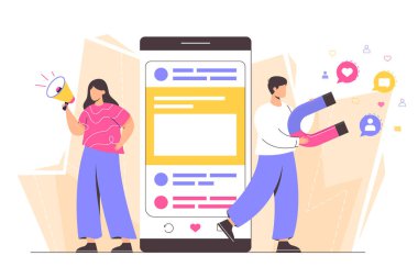 Sosyal medya pazarlaması. Düz karakterler takipçileri çeker. Ajanlar hedef kitleyi arıyor, yeni aboneler, kamu hisseleri ve sevdikleri. Tüketici eğlencesi stratejisi kavramı. Sosyal ağ tanıtımı.