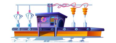 Süt ürünleriyle çizgi film konveyör bandı. Cam şişelere otomatik süt dökme işlemi. Modern fabrikada taşıyıcı üretim hattı taşınıyor. İçecek fabrikasında robotik ekipman.