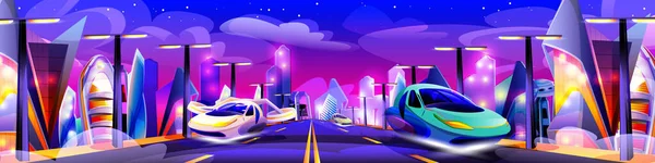 Uçan arabaları ve gelecekteki modern binaları olan bir gece şehri.