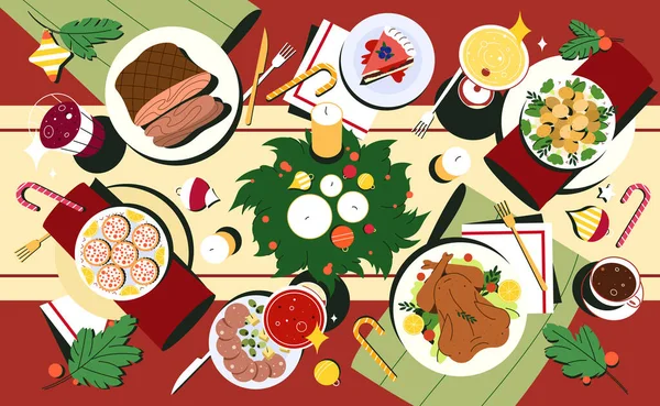 Рождественский стол вид сверху с блюдами и украшенными столовыми приборами — стоковый вектор