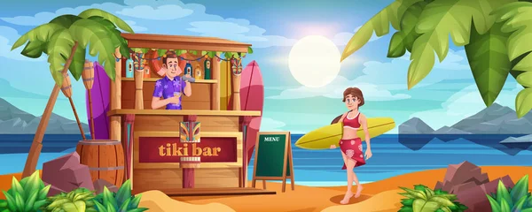 Sommerstrand mit Tiki-Bar, Barmann und Mädchen mit Surfbrett — Stockvektor