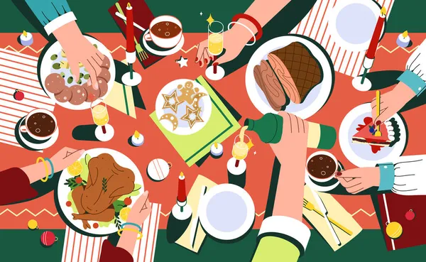 Cena festiva de Navidad con las manos de la gente y mesa decorada — Archivo Imágenes Vectoriales