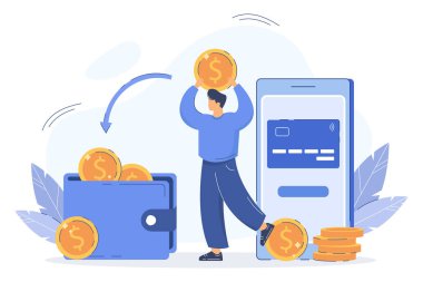 Çevrimiçi ödeme yapan ve cüzdandan cüzdana para alan adam