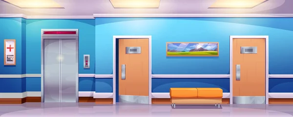Interior del pasillo del hospital de dibujos animados con ascensor, sofá y puertas a las salas — Vector de stock